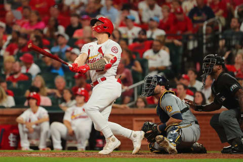 Tyler O’Neill #27 of the St. Louis Cardinals hits a three-run home run against the Milwaukee Brewers in the fifth inning at Busch Stadium on August 19, 2021 in St Louis, Missouri. (Photo by Dilip Vishwanat/Getty Images)