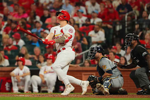 ST LOUIS, MO – AUGUST 19: Tyler O’Neill #27 of the St. Louis Cardinals hits a three-run home run against the Milwaukee Brewers in the fifth inning at Busch Stadium on August 19, 2021 in St Louis, Missouri. (Photo by Dilip Vishwanat/Getty Images)