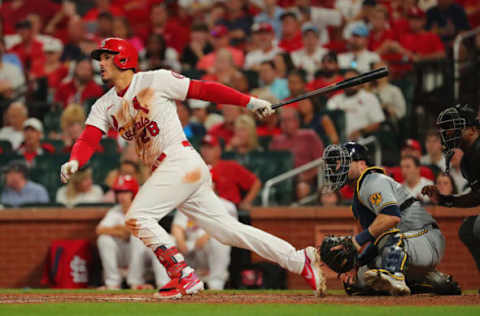 ST LOUIS, MO – AUGUST 19: Nolan Arenado #28 of the St. Louis Cardinals bats in a run with a single against the Milwaukee Brewers in the fifth inning at Busch Stadium on August 19, 2021 in St Louis, Missouri. (Photo by Dilip Vishwanat/Getty Images)