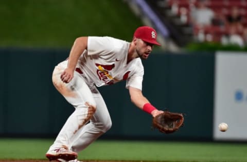 ST LOUIS, MO – AUGUST 24: Paul DeJong #11 of the St. Louis Cardinals fields a ground ball during the fifth inning against the Detroit Tigers at Busch Stadium on August 24, 2021 in St Louis, Missouri. (Photo by Jeff Curry/Getty Images)