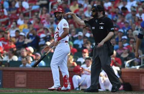 ST. LOUIS, MO – SEPTEMBER 6: Matt Carpenter #13 of the St. Louis Cardinals reacts to being called out on strikes in the fourth inning against the Los Angeles Dodgers at Busch Stadium on September 6, 2019 in St. Louis, Missouri. (Photo by Michael B. Thomas /Getty Images)