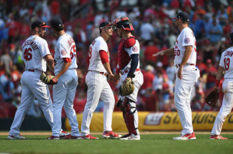 ST LOUIS, MO – SEPTEMBER 12: Members of the St. Louis Cardinals celebrate after defeating the Cincinnati Reds 2-0 at Busch Stadium on September 12, 2021 in St Louis, Missouri. (Photo by Michael B. Thomas/Getty Images)