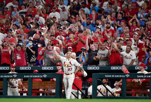 Tyler O’Neill #27 of the St. Louis Cardinals receives a curtain call after hitting a go-ahead two run home run during the eighth inning against the San Diego Padres at Busch Stadium on September 18, 2021 in St Louis, Missouri. (Photo by Jeff Curry/Getty Images)