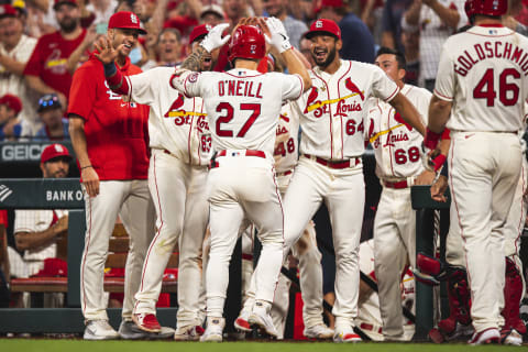 Tyler O’Neill #27 of the St. Louis Cardinals celebrates after hitting a home run in the eighth inning against the San Diego Padres at Busch Stadium on September 18, 2021 in St. Louis, Missouri. (Photo by Matt Thomas/San Diego Padres/Getty Images)