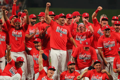 ST LOUIS, MO – SEPTEMBER 28: Members of the St. Louis Cardinals celebrate after beating the Milwaukee Brewers to clinch a wild-card playoff birth at Busch Stadium on September 28, 2021 in St Louis, Missouri. (Photo by Dilip Vishwanat/Getty Images)