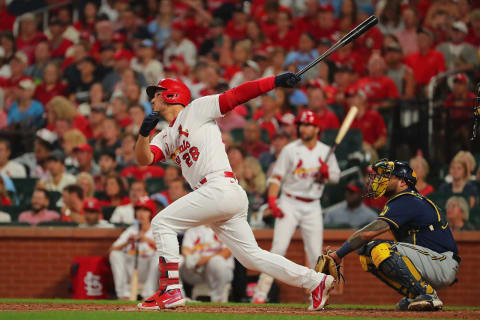 Nolan Arenado #28 of the St. Louis Cardinals drives in a run with a sacrifice fly against the Milwaukee Brewers in the fifth inning at Busch Stadium on September 28, 2021 in St Louis, Missouri. (Photo by Dilip Vishwanat/Getty Images)