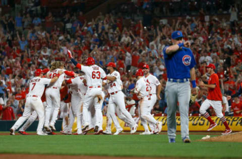 ST. LOUIS, MO – OCTOBER 01: Members of the St. Louis Cardinals celebrate their walk-off victory against the St. Louis Cardinals at Busch Stadium on October 1, 2021 in St. Louis, Missouri. (Photo by Scott Kane/Getty Images)