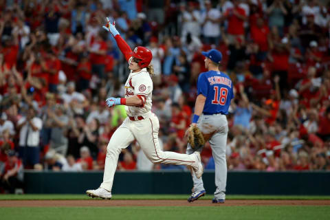 Harrison Bader #48 of the St. Louis Cardinals celebrates as he runs the bases after hitting a solo home run during the first inning against the Chicago Cubs at Busch Stadium on October 2, 2021 in St. Louis, Missouri. (Photo by Scott Kane/Getty Images)