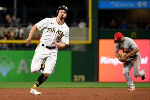 PITTSBURGH, PA – OCTOBER 02: Bryan Reynolds #10 of the Pittsburgh Pirates advances on a two-run RBI double by Michael Chavis #31  (Photo by Justin Berl/Getty Images)