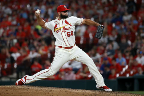 ST. LOUIS, MO – OCTOBER 02: Luis Garcia #66 of the St. Louis Cardinals delivers during the ninth inning against the Chicago Cubs at Busch Stadium on October 2, 2021 in St. Louis, Missouri. (Photo by Scott Kane/Getty Images)