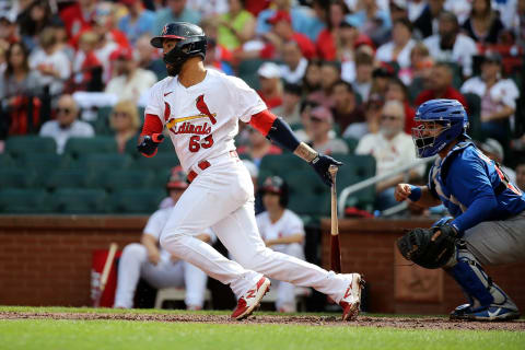 ST. LOUIS, MO – OCTOBER 03: Edmundo Sosa #63 of the St. Louis Cardinals hits a sacrifice RBI in the second inning against the Chicago Cubs at Busch Stadium on October 3, 2021 in St. Louis, Missouri. (Photo by Scott Kane/Getty Images)