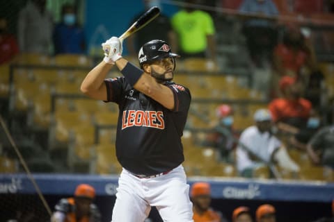 Albert Pujols of the Leones del Escogido is seen during a Dominican League baseball game against the Toros del Este at the Quisqueya stadium in Santo Domingo, on November 3, 2021. – Pujols made his debut in the league of his country on Sunday. (Photo by Erika SANTELICES / AFP) (Photo by ERIKA SANTELICES/afp/AFP via Getty Images)