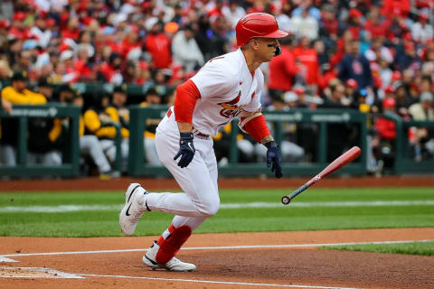 Tyler O’Neill #27 of the St. Louis Cardinals runs to first after hitting a RBI single during the first inning against the Pittsburgh Pirates on Opening Day at Busch Stadium on April 7, 2022 in St. Louis, Missouri. (Photo by Scott Kane/Getty Images)