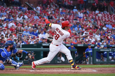 ST LOUIS, MO – APRIL 11: Nolan Arenado #28 of the St. Louis Cardinals watches his two-run home run against the Kansas City Royals during the first inning at Busch Stadium on April 11, 2022 in St Louis, Missouri. (Photo by Joe Puetz/Getty Images)