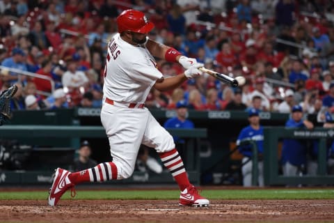 Albert Pujols #5 of the St. Louis Cardinals hits a single against the Kansas City Royals during the fourth inning at Busch Stadium on April 11, 2022 in St Louis, Missouri. (Photo by Joe Puetz/Getty Images)