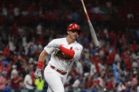 ST LOUIS, MO – APRIL 11: Andrew Knizner #7 of the St. Louis Cardinals reacts after hitting a three-run home run against the Kansas City Royals during the fourth inning at Busch Stadium on April 11, 2022 in St Louis, Missouri. (Photo by Joe Puetz/Getty Images)