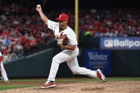 ST LOUIS, MO – APRIL 11: Jordan Hicks #12 of the St. Louis Cardinals throws against the Kansas City Royals during the fifth inning at Busch Stadium on April 11, 2022 in St Louis, Missouri. (Photo by Joe Puetz/Getty Images)