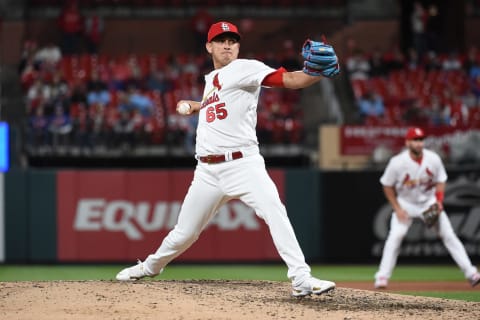 Giovanny Gallegos #65 of the St. Louis Cardinals pitches against the New York Mets during the ninth inning at Busch Stadium on April 25, 2022 in St Louis, Missouri. (Photo by Joe Puetz/Getty Images)