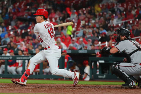 ST LOUIS, MO – APRIL 28: Tommy Edman #19 of the St. Louis Cardinals hits an RBI single against the Arizona Diamondbacks in the sixth inning at Busch Stadium on April 28, 2022 in St Louis, Missouri. (Photo by Dilip Vishwanat/Getty Images)