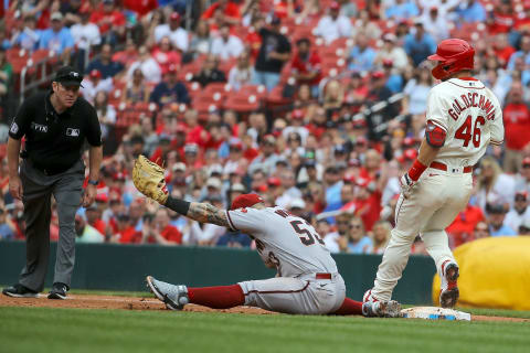 ST. LOUIS, MO – APRIL 30: Christian Walker #53 of the Arizona Diamondbacks makes an out against Paul Goldschmidt #46 of the St. Louis Cardinals during the sixth inning at Busch Stadium on April 30, 2022 in St. Louis, Missouri. (Photo by Scott Kane/Getty Images)