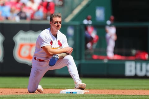 ST LOUIS, MO – MAY 01: Tyler O’Neill #27 of the St. Louis Cardinals reacts after being caught stealing second base against the Arizona Diamondbacks in the third inning at Busch Stadium on May 1, 2022 in St Louis, Missouri. (Photo by Dilip Vishwanat/Getty Images)