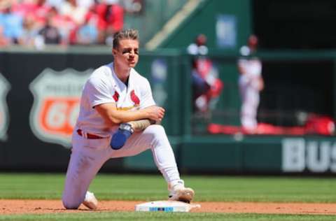 Tyler O’Neill of the St. Louis Cardinals reacts. (Photo by Dilip Vishwanat/Getty Images)