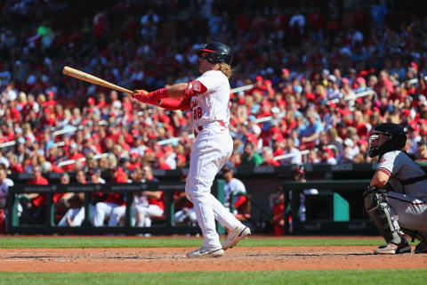 ST LOUIS, MO – MAY 01: Harrison Bader #48 of the St. Louis Cardinals hits the game-winning two-run home run against the Arizona Diamondbacks in the seventh inning at Busch Stadium on May 1, 2022 in St Louis, Missouri. (Photo by Dilip Vishwanat/Getty Images)