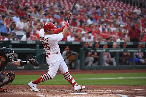 ST LOUIS, MO – MAY 10: Juan Yepez #36 of the St. Louis Cardinals hits a single against the Baltimore Orioles during the second inning at Busch Stadium on May 10, 2022 in St Louis, Missouri. (Photo by Joe Puetz/Getty Images)