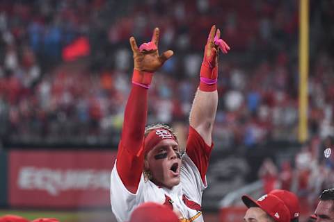 ST LOUIS, MO – MAY 10: Harrison Bader #48 of the St. Louis Cardinals acknowledges fans after receiving a curtain call on an inside-the-park home run against the Baltimore Orioles in the sixth inning at Busch Stadium on May 10, 2022 in St Louis, Missouri. (Photo by Joe Puetz/Getty Images)