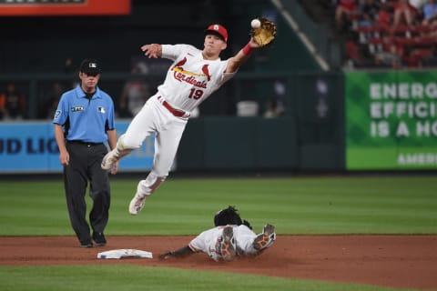 ST LOUIS, MO – MAY 10: Cedric Mullins #31 of the Baltimore Orioles steals second base ahead of the throw to Tommy Edman #19 of the St. Louis Cardinals in the ninth inning at Busch Stadium on May 10, 2022 in St Louis, Missouri. (Photo by Joe Puetz/Getty Images)