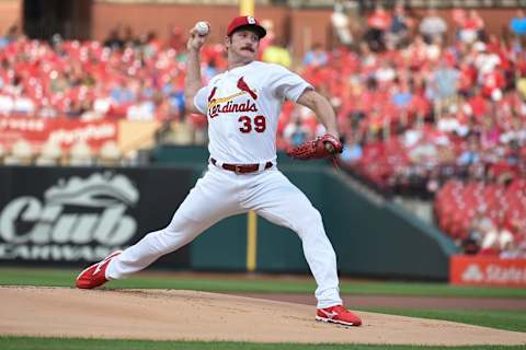 ST LOUIS, MO – MAY 11: Miles Mikolas #39 of the St. Louis Cardinals pitches against the Baltimore Orioles during the first inning at Busch Stadium on May 11, 2022 in St Louis, Missouri. (Photo by Joe Puetz/Getty Images)