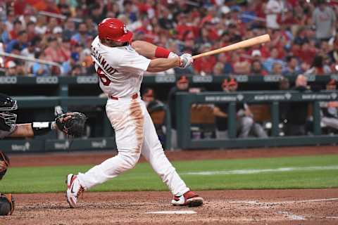 ST LOUIS, MO – MAY 11: Paul Goldschmidt #46 of the St. Louis Cardinals hits a two run double against the Baltimore Orioles during the fourth inning at Busch Stadium on May 11, 2022 in St Louis, Missouri. (Photo by Joe Puetz/Getty Images)