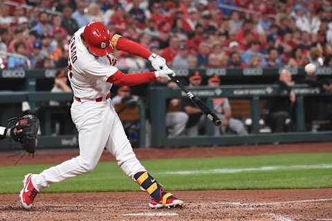 ST LOUIS, MO – MAY 11: Nolan Arenado #28 of the St. Louis Cardinals hits an RBI double against the Baltimore Orioles during the fourth inning at Busch Stadium on May 11, 2022 in St Louis, Missouri. (Photo by Joe Puetz/Getty Images)