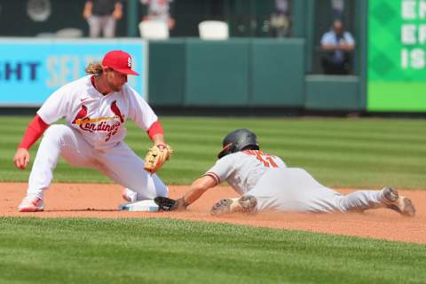 ST LOUIS, MO – MAY 12: Chris Owings #11 of the Baltimore Orioles stalls second base against Brendan Donovan #33 of the St. Louis Cardinals in the seventh inning at Busch Stadium on May 12, 2022 in St Louis, Missouri. (Photo by Dilip Vishwanat/Getty Images)