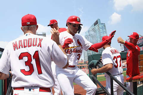 ST LOUIS, MO – MAY 12: Dylan Carlson #3 of the St. Louis Cardinals is congratulated after hitting a home run against the New Baltimore Orioles in the seventh inning at Busch Stadium on May 12, 2022 in St Louis, Missouri. (Photo by Dilip Vishwanat/Getty Images)