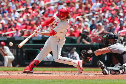 ST LOUIS, MO – MAY 14: Brendan Donovan #33 of the St. Louis Cardinals bats in a run with a double against the San Francisco Giants in the second inning at Busch Stadium on May 14, 2022 in St Louis, Missouri. (Photo by Dilip Vishwanat/Getty Images)