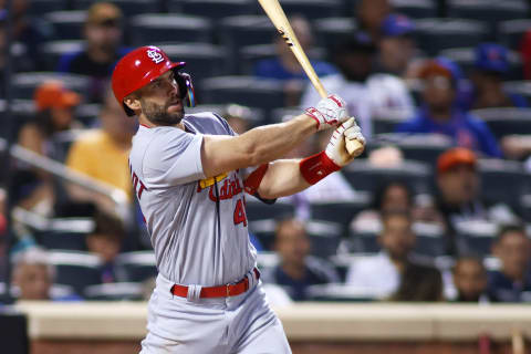 NEW YORK, NEW YORK – MAY 17: Paul Goldschmidt #46 of the St. Louis Cardinals hits a RBI double in the fifth inning against the New York Mets at Citi Field on May 17, 2022 in New York City. (Photo by Mike Stobe/Getty Images)