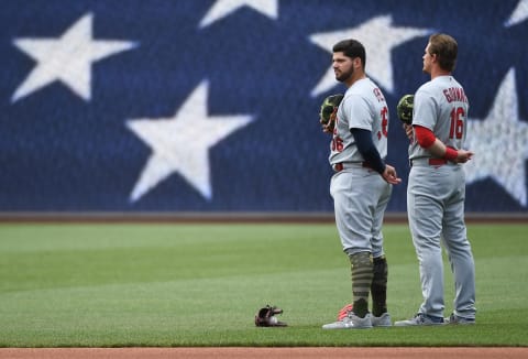 Juan Yepez and Nolan Gorman during the National Anthem. (Photo by Justin Berl/Getty Images)