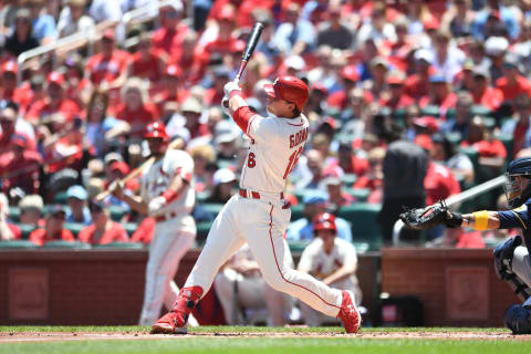 ST LOUIS, MO – MAY 28: Nolan Gorman #16 of the St. Louis Cardinals hits a solo home run in the first inning against the Milwaukee Brewers at Busch Stadium on May 28, 2022 in St Louis, Missouri. (Photo by Michael B. Thomas/Getty Images)