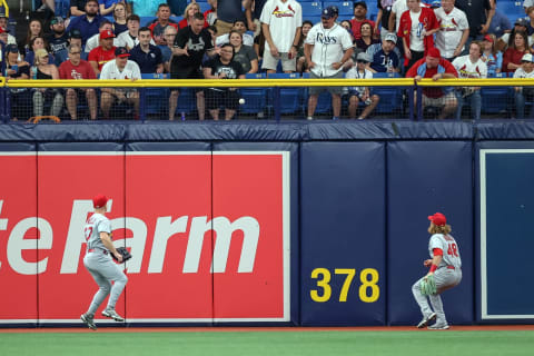 ST. PETERSBURG, FL – JUNE 8: Tyler O’Neill #27 (L) and Harrison Bader #48 of the St. Louis Cardinals watch a ball hit by Ji-Man Choi #26 of the Tampa Bay Rays during the first inning of a baseball game at Tropicana Field on June 8, 2022 in St. Petersburg, Florida. (Photo by Mike Carlson/Getty Images)