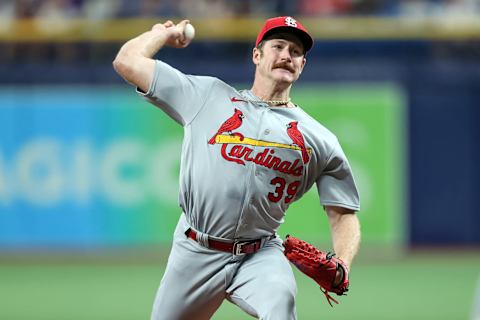 ST. PETERSBURG, FL – JUNE 9: Miles Mikolas #39 of the St. Louis Cardinals throws against the Tampa Bay Rays during the first inning of a baseball game at Tropicana Field on June 9, 2022 in St. Petersburg, Florida. (Photo by Mike Carlson/Getty Images)