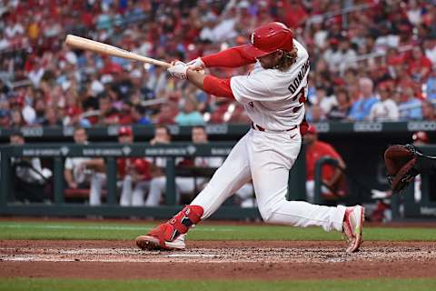 ST LOUIS, MO – JUNE 15: Brendan Donovan #33 of the St. Louis Cardinals hits a two-run double against the Pittsburgh Pirates during the fifth inning at Busch Stadium on June 15, 2022 in St Louis, Missouri. (Photo by Joe Puetz/Getty Images)