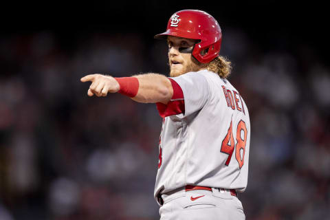 BOSTON, MA – JUNE 17: Harrison Bader #48 of the St. Louis Cardinals reacts after hitting a single during the fifth inning of a game against the Boston Red Sox on June 17, 2022 at Fenway Park in Boston, Massachusetts. (Photo by Maddie Malhotra/Boston Red Sox/Getty Images)