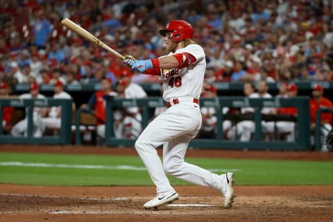 ST. LOUIS, MO – JUNE 24: Harrison Bader #48 of the St. Louis Cardinals hits a double during the eighth inning against the Chicago Cubs at Busch Stadium on June 24, 2022 in St. Louis, Missouri. (Photo by Scott Kane/Getty Images)