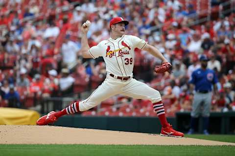 ST. LOUIS, MO – JUNE 25: Starter Miles Mikolas #39 of the St. Louis Cardinals delivers during the first inning against the Chicago Cubs at Busch Stadium on June 25, 2022 in St. Louis, Missouri. (Photo by Scott Kane/Getty Images)