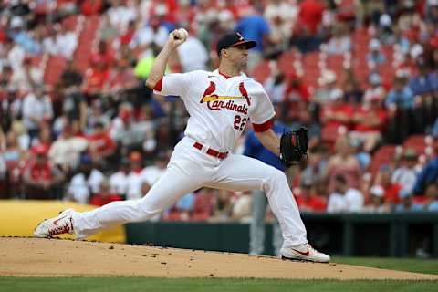 ST. LOUIS, MO – JUNE 26: Jack Flaherty #22 of the St. Louis Cardinals delivers a pitch during the first inning against the Chicago Cubs at Busch Stadium on June 26, 2022 in St. Louis, Missouri. (Photo by Scott Kane/Getty Images)