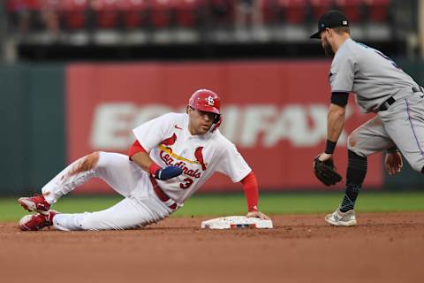 ST LOUIS, MO – JUNE 28: Dylan Carlson #3 of the St. Louis Cardinals steals second base in the fourth inning against the Miami Marlins at Busch Stadium on June 28, 2022 in St Louis, Missouri. (Photo by Michael B. Thomas/Getty Images)