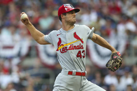 ATLANTA, GA – JULY 04: Dakota Hudson #43 of the St. Louis Cardinals pitches against the Atlanta Braves in the first inning at Truist Park on July 4, 2022 in Atlanta, Georgia. (Photo by Brett Davis/Getty Images)