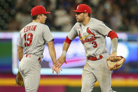 ATLANTA, GA – JULY 07: Tommy Edman #19 of the St. Louis Cardinals and Dylan Carlson #3 of the St. Louis Cardinals celebrate a 3-2 victory over the Atlanta Braves in eleven innings at Truist Park on July 7, 2022 in Atlanta, Georgia. (Photo by Brett Davis/Getty Images)