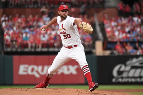 ST LOUIS, MO – JULY 08: Adam Wainwright #50 of the St. Louis Cardinals pitches against the Philadelphia Phillies during the first inning at Busch Stadium on July 8, 2022 in St Louis, Missouri. (Photo by Joe Puetz/Getty Images)